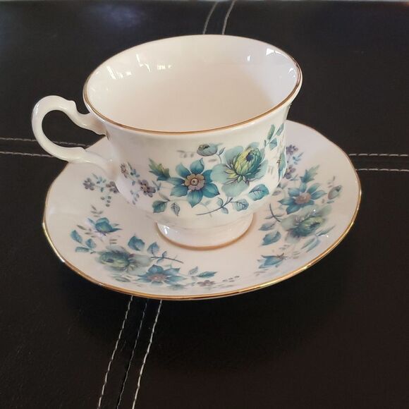 Vintage Queen Anne Teal Blue Roses Cup & Saucer, Bone China England - Picture 1 of 7